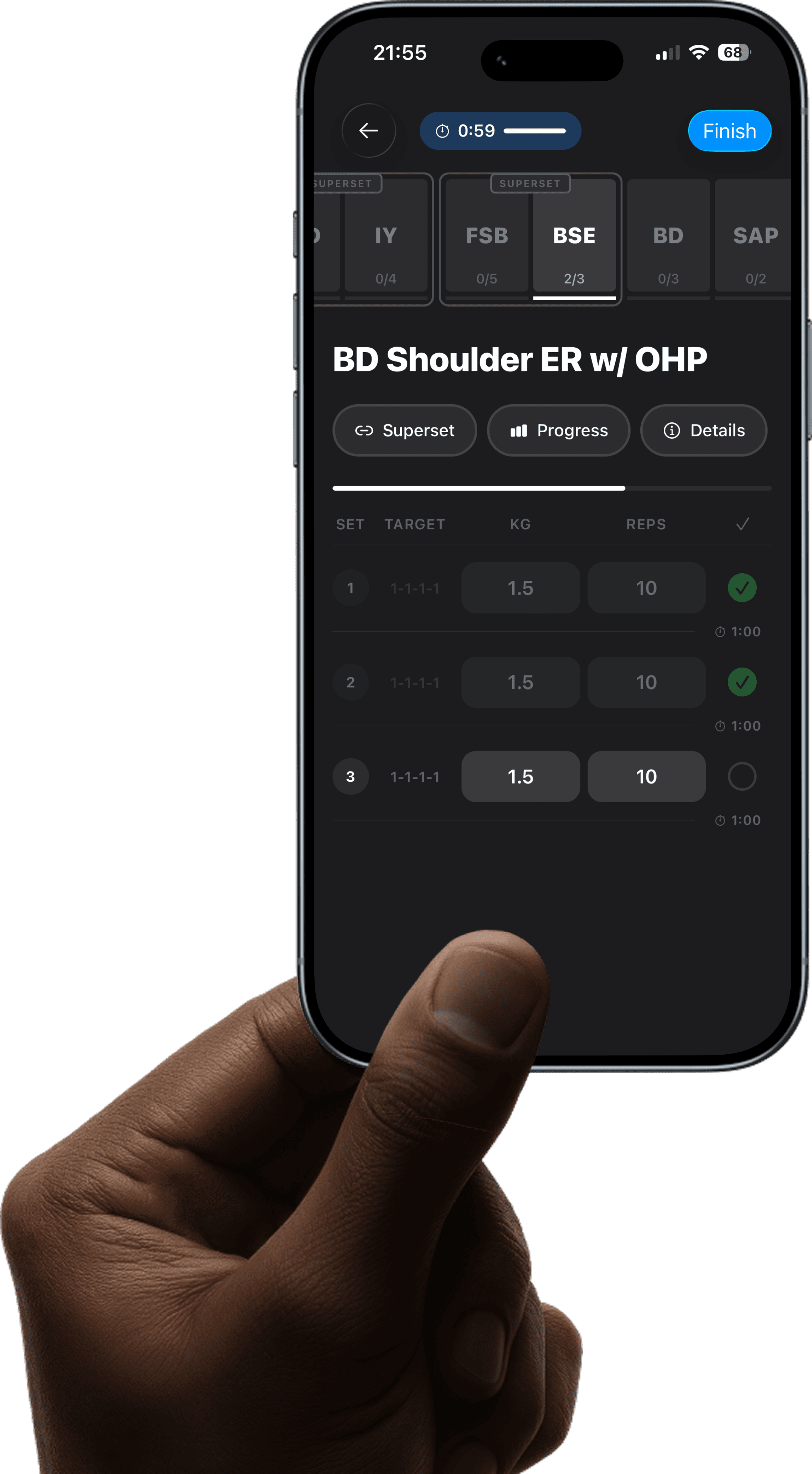 An athlete holding the Elitebuilder app, showing today’s Lower Body Strength session, check-ins and the season calendar