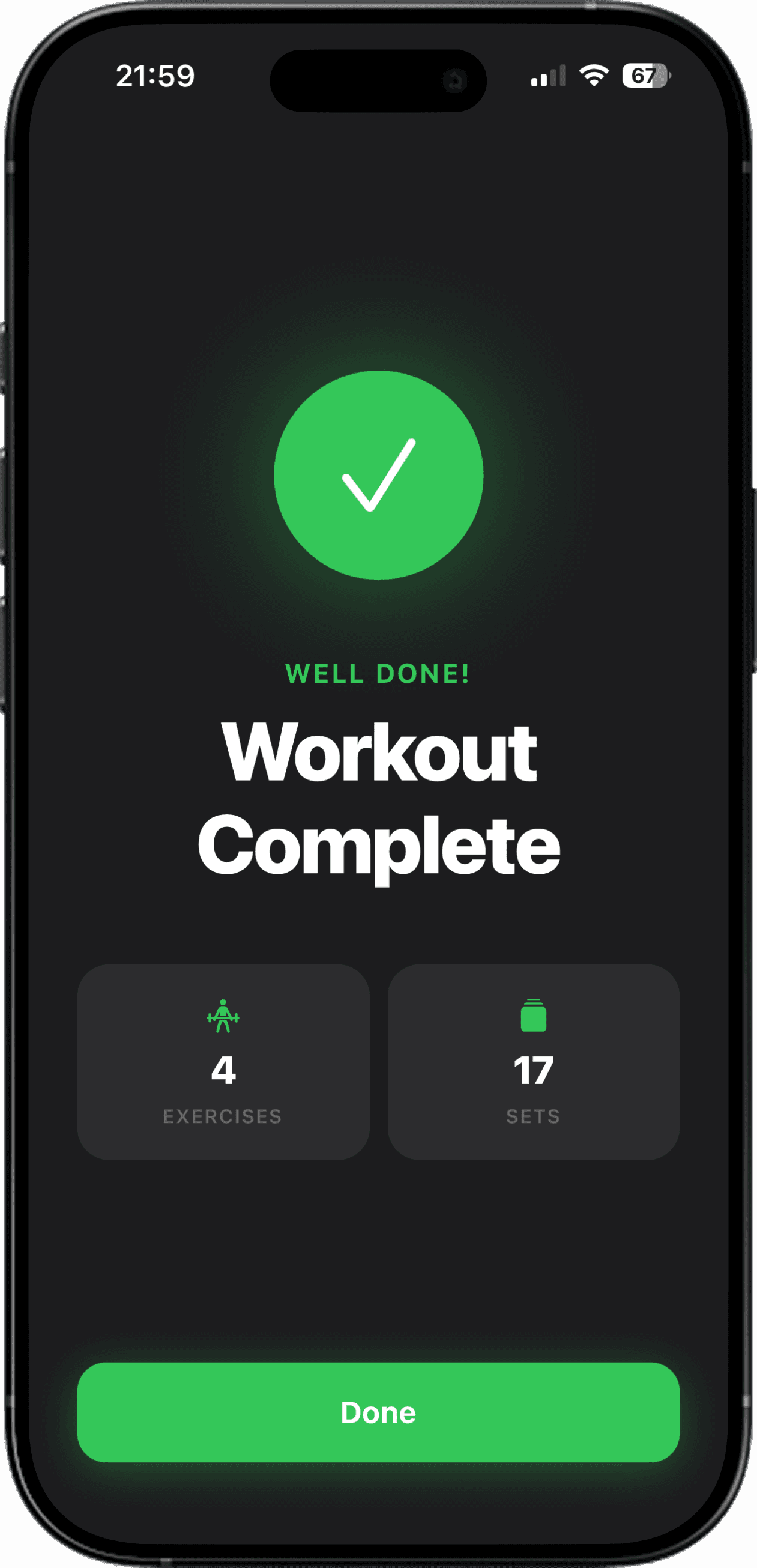 EliteBuilder app — session complete and synced