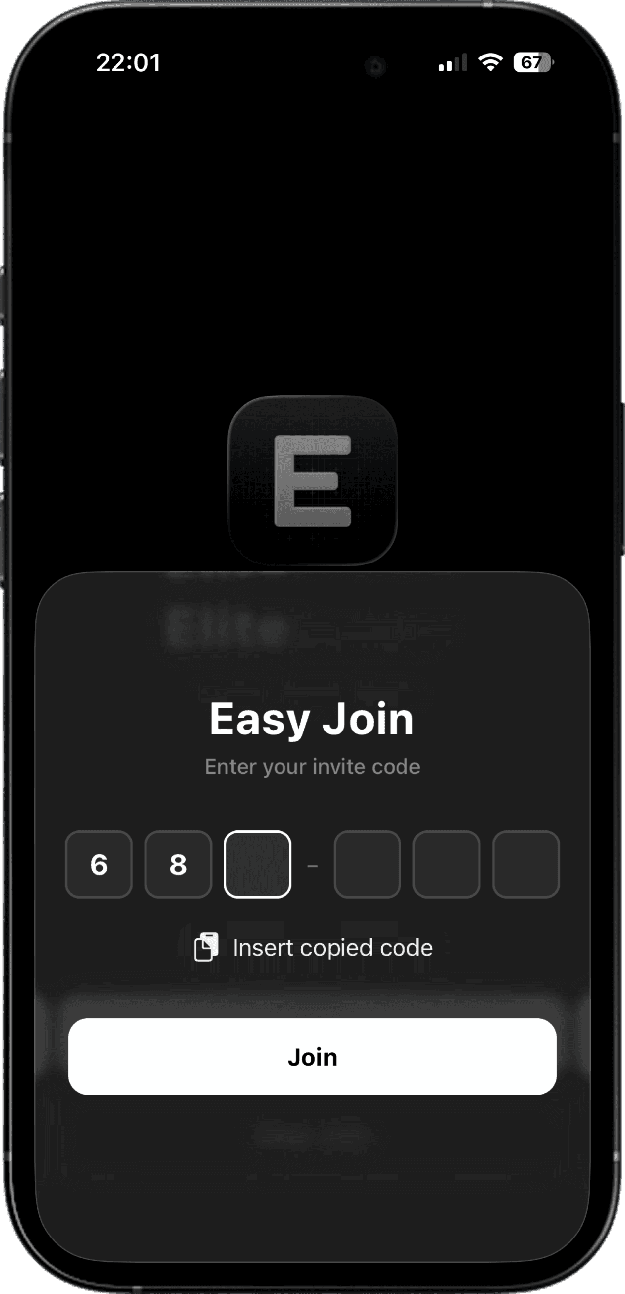 EliteBuilder app — join with an invite code